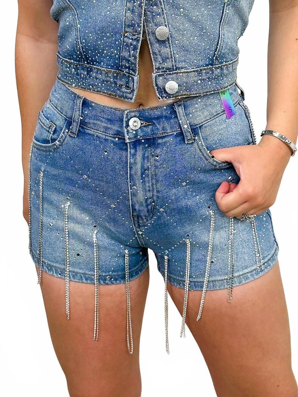 NEW VIBRANT tonya high-rise rhinestone shorts in medium wash denim